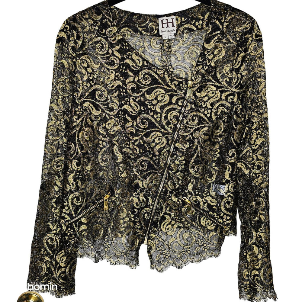 Haute Hippie Metallic Paisley Lace Sheer Jacket Moto Style Gold Black Medium